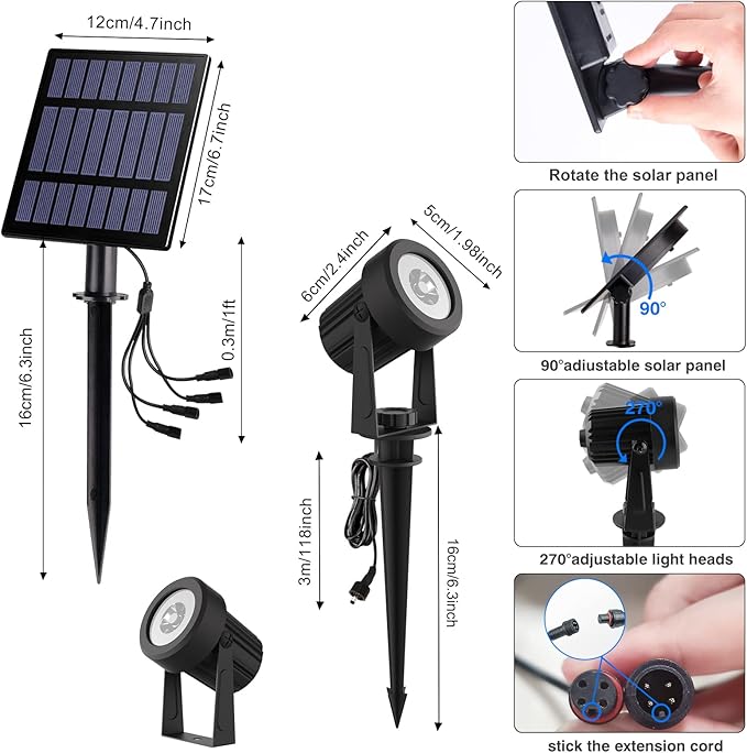 T-SUNUS Solar Christmas Spotlight Outdoor Warm White 3000K, 4-in-1 Spot Lights IP65 Waterproof 9.8ft Cable 5W Separated Panel, Auto On/Off for Garden Flag Tree Patio Yard Driveway Pathway Halloween