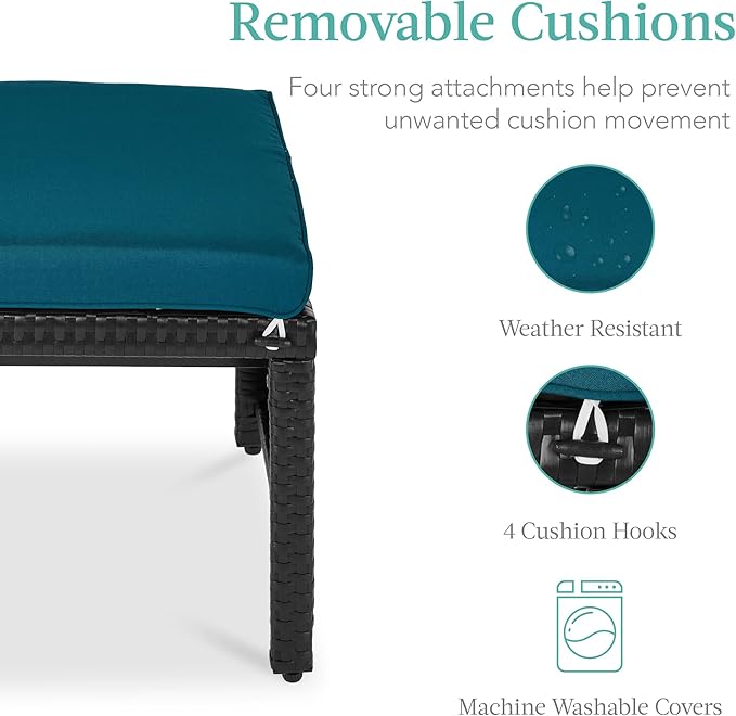 Best Choice Products Set of 2 Wicker Ottomans, Multipurpose Outdoor Furniture for Patio, Backyard, Additional Seating, Footrest, Side Table w/Removable Cushions, Steel Frame - Peacock Blue/Black