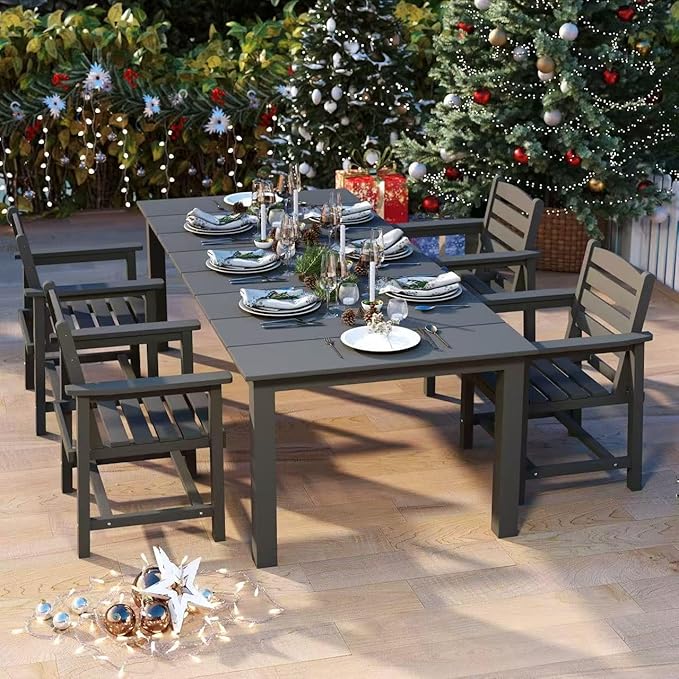 5-Piece Black Outdoor Dining Set with White 11FT Large Patio Umbrella, 75.2'' HDPE Table & Chairs for 8, Weather-Resistant Furniture with Umbrella Hole for Patio, Lawn, Poolside