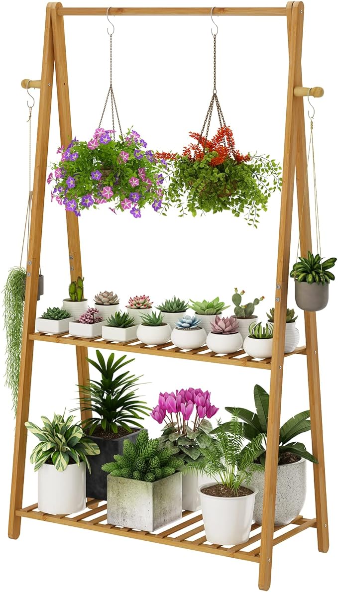 Hanging Plant Shelf Indoor Outdoor Plant Stands Wood Flower Stand 2 Tiered Bamboo Plant Shelves Holder Rack for Patio Balcony Garden (Tall,50 inch)