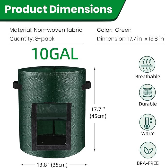 10 Gallon 8-Pack Grow Bags, Durable PE Fabric Pots with Flap and Handles, Green Planter Bags for Potato Vegetables Flowers Herbs Garden Outdoor, 17.7''x13.8'' Large for All Plants Growing