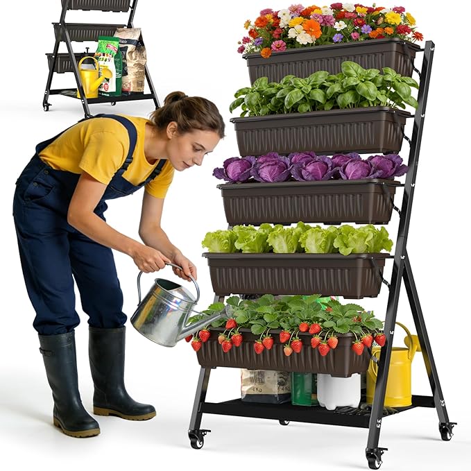 5-Tier Vertical Garden Bed Planter Boxes with Wheels, Drainage System & Storage Space, Mobile Vertical Garden Planter with 5 S-Hooks for Plants Vegetables Flowers Herbs in Garden Patio Yard