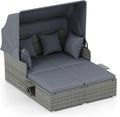 Tangkula Patio Rattan Daybed with Retractable Canopy, Outdoor Wicker Sunbed Lounger with 2 Foldable Side Tables, Thick Seat & Back Cushions, Outside Double Daybed for Garden, Backyard, Porch, Grey