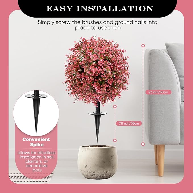 Artificial Topiary Bushes for Outdoors with Spike, Boxwood Ball Fake Shrubs UV Resistant Faux Plants for Indoor Outdoor Fall Thanksgiving Halloween Decor (Red Eucalyptus)