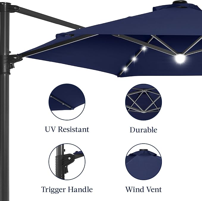 Best Choice Products 10ft Solar LED Offset Cantilever Hanging Market Patio Umbrella, Smooth 360° Rotation, 8 Sturdy Ribs, Easy Adjustment - Navy Blue