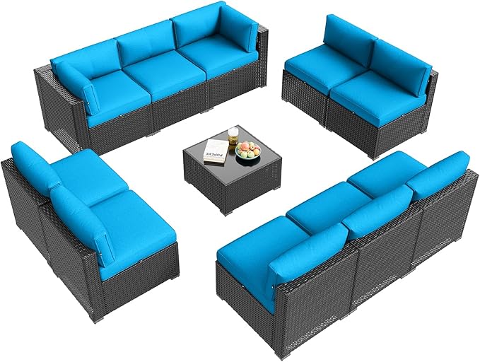 Aoxun Patio Furniture Set, 11 Piece Outdoor Sectional Sofas with Waterproof Cover, 10 Seats Wicker Rattan Outdoor Furniture Patio Conversation Set for Backyard, Garden Peacock Blue