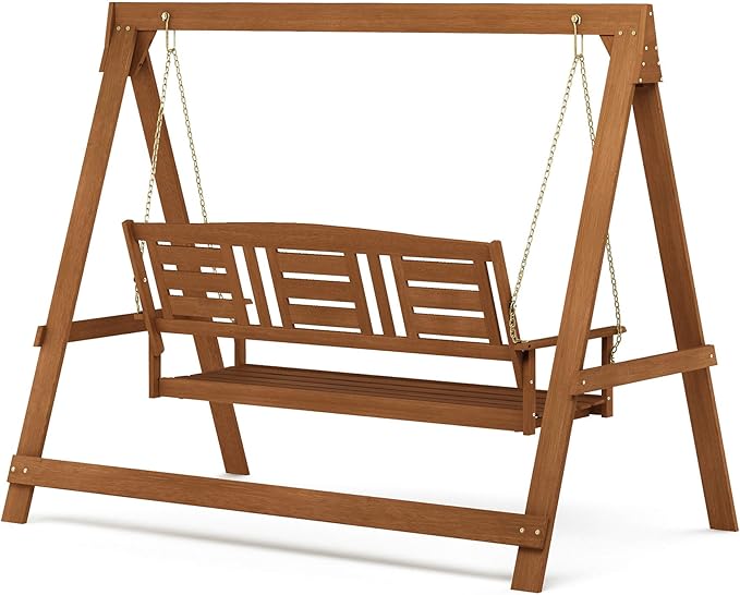 Furinno Tioman Hardwood Patio / Garden / Outdoor Large Porch Swing, 3 Seater with Hanging Frame, Natural