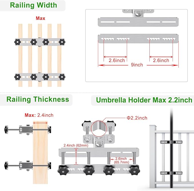 Heavy Duty Deck Railing Umbrella Holder, Adjustable Patio Umbrella Stand for 1-2 Inch Poles, Secure & Sturdy Railing Grille Mount, Maximizes Outdoor Space