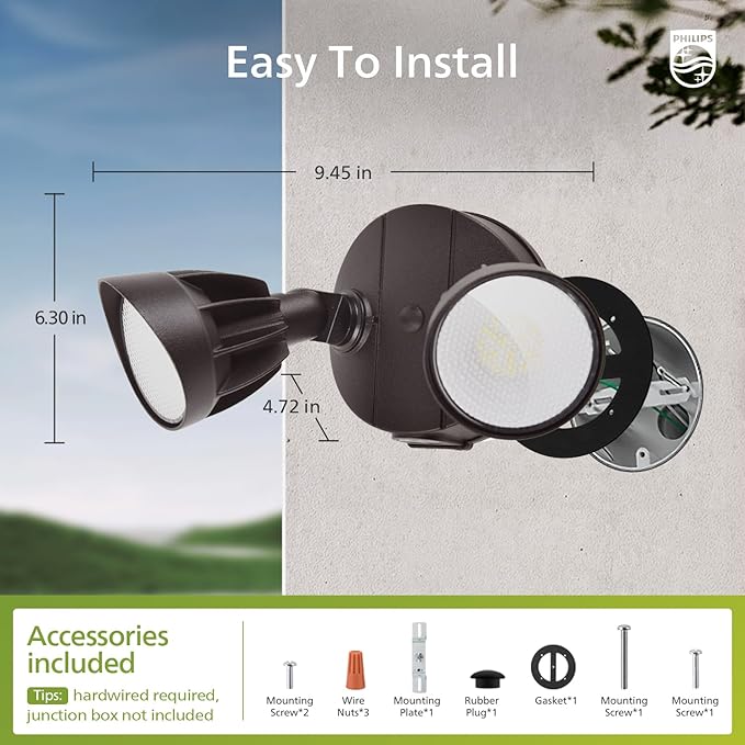 Philips 44W 3500LM ‌LED Security Flood Light‌ ‌Outdoor‌，Switch Controlled Aluminum ‌Security Light‌, 2 Adjustable Heads，5000K Daylight，Wet Location for Patio, Garden, Yard Lights