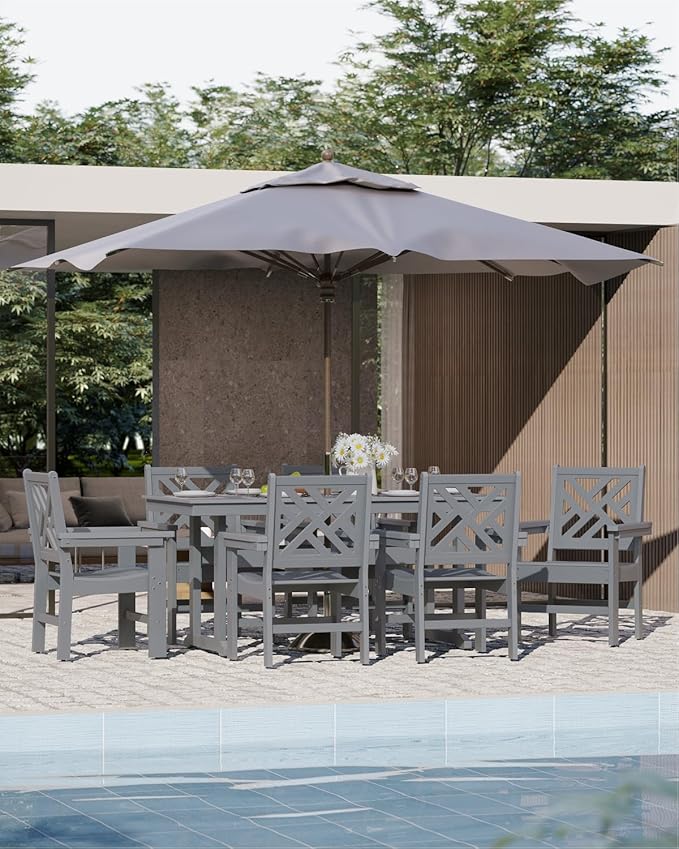 7-Piece Outdoor Dining Set, HDPE All-Weather Patio Table and Chairs Set for 6, Outdoor Patio Furniture Sets with Umbrella Hole for Outside, Deck, Backyard, Garden (Grey)