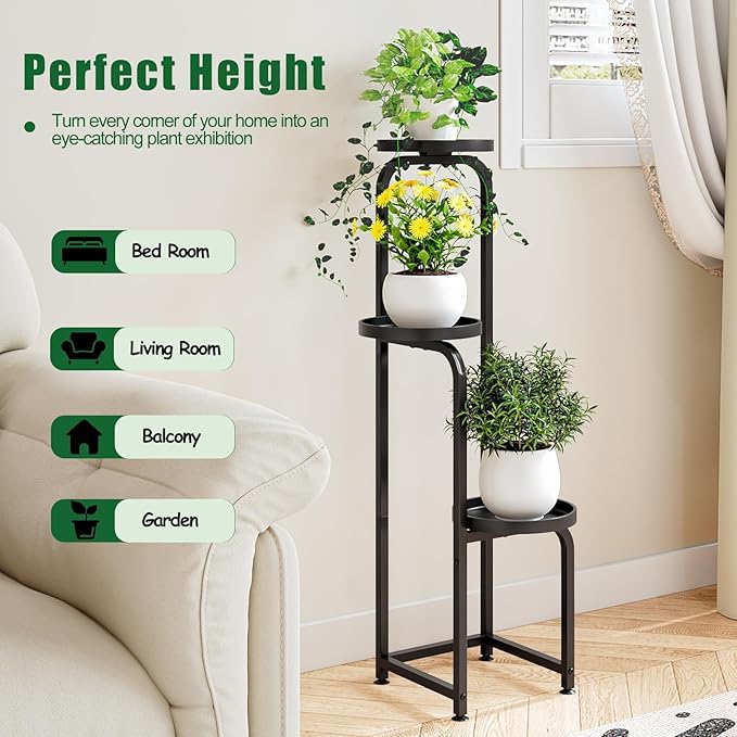 Plant Stand Indoor Outdoor 3 Tier Metal Plant Shelf for Multiple Plants Corner Flower Holders for Living Room Balcony Bedroom Patio Garden, Black (Black, 3-Tier)