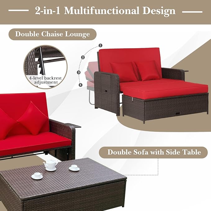 Tangkula Patio Rattan Daybed with 4-Level Adjustable Backrest, Outdoor PE Wicker Loveseat with Storage Ottoman & Folding Side Tray, Double Sunbed Lounger for Balcony, Backyard & Poolside, Red & Brown