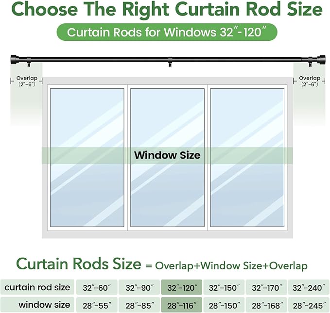 2 Pack Curtain Rods for Windows 66 to 120, 1 Inch Black Adjustable Heavy Duty Extra Long Curtain Rod with End Caps, Modern Indoor Outdoor Window Drapery Rods for Patio Bedroom, Size 32"-120"