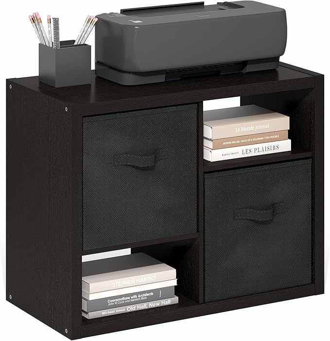 Furinno Viola Storage Shelf, 4-Tier Storage Rack with Bins, Book Shelf, Bookshelf, Display Rack with Drawer Bins, Extra Thick Frame, for Organization, Living Room, Home Office, Black Dark Oak
