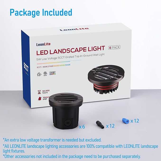 LEONLITE Dia. 4 Inch Well Lights Landscape LED In Ground, Grated Top, 5 Color Temperature Selectable, 12-24V AC/DC CRI90 Low Voltage Garden Landscaping, Oil Rubbed Bronze Aluminum Housing, Pack of 6