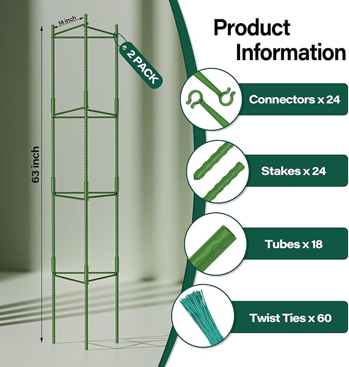 Halatool 2 Pack Tomato Cages for Garden,Up to 63in(5.2FT) Adjustable Tall Tomato Cage,Garden Stakes Tomato Trellis for Pots,Tomato Plant Support for Raised Garden Bed &Vegetables Flowers(Green)