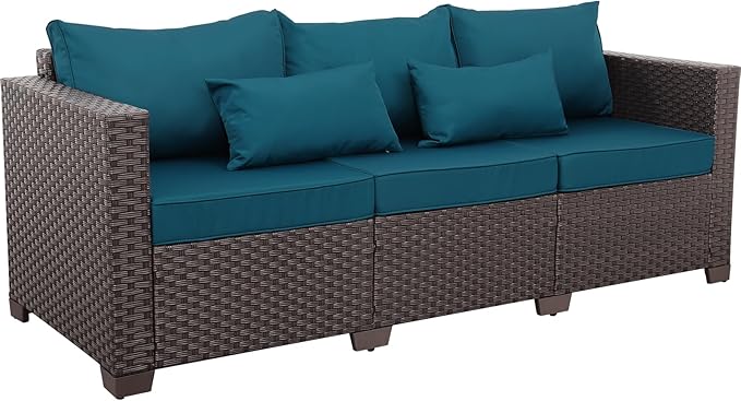 Outdoor Couch 3 Seater Sofa Outdoor Furniture Deep Seat High Backrest Patio Couch with Non-Slip Cushions and Waterproof Cover, Peacock Blue
