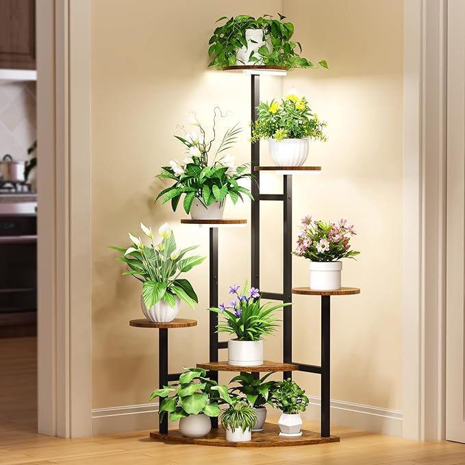 Corner Plant Stand with Grow Lights, 7 Tiered Plant Shelf Indoor, 43" Corner Plant Stands for Indoor Plants, Metal Plant Flower Display Shelves, Plant Organizer Rack for Living Room, Balcony, Home Decor（Round)