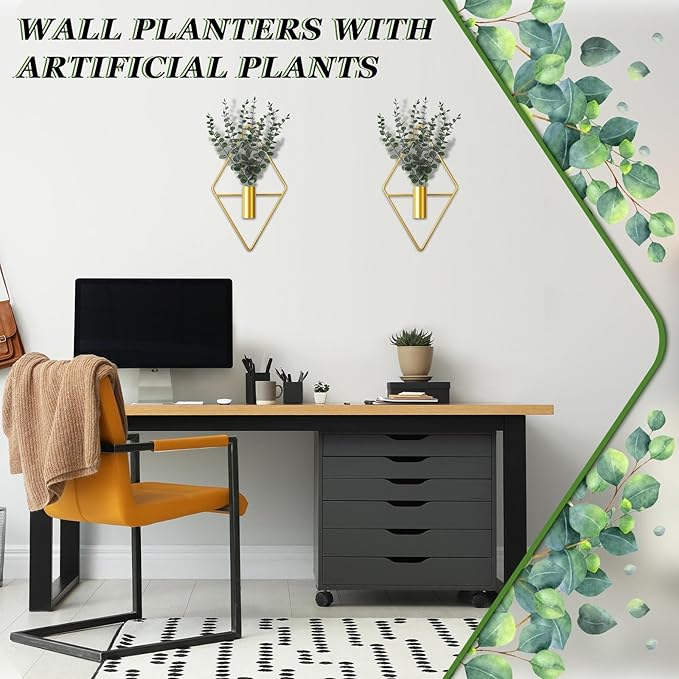 Jexine 8 Pcs Hanging Planters with Artificial Eucalyptus Metal Hanging Vase Indoor Plants Holder Modern Geometric Boho Bathroom Wall Decor for Living Room Home Office (Eucalyptus,Gold)