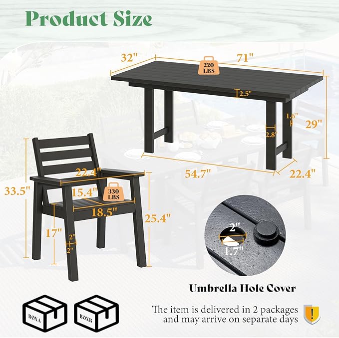 AMERLIFE 7-Piece HDPE Outdoor Dining Set with Umbrella Hole, 71" L Patio Table and Chairs Set for 6, Modern Garden Dining Set for Backyard, Poolside, Seaside, Porch, Black