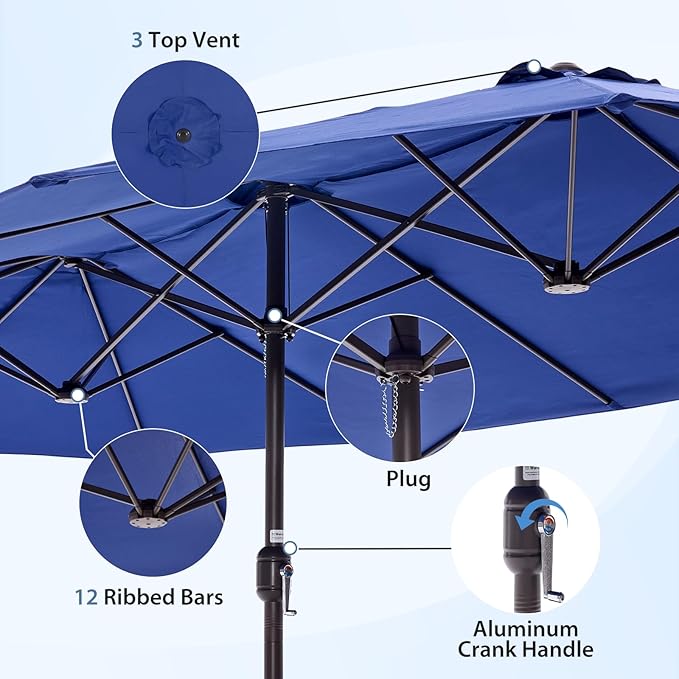 DUMOS 15FT Large Patio Umbrella with Base Included, Heavy Duty Extra Wide Outside Umbrella with 12 Ribbed Bars, Rectangle Outdoor Table Umbrella for Patio, Backyard, Pool, Deck & Garden, Blue