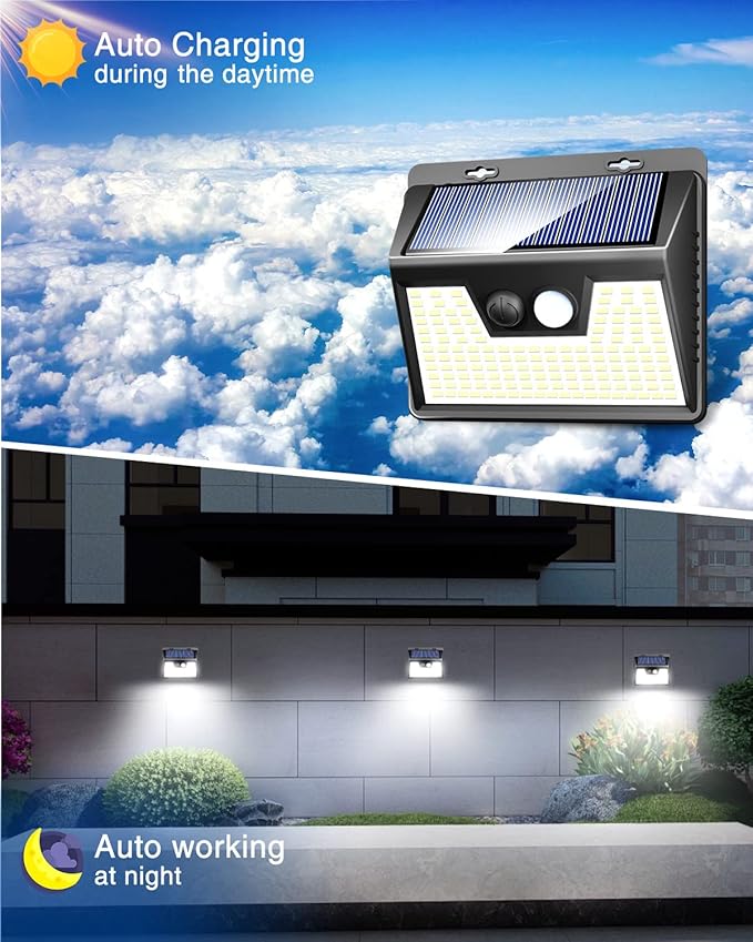 Peasur Solar Powered Lights Outdoor, 140 LED 8Pack Motion Sensor Light Outside, IP65 Waterproof Fence Security Lighting with 3 Modes for Yard Wall Garden Cool White