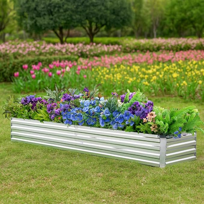 2 Pack 6x1.5x1FT Galvanized Raised Garden Bed Kit, Outdoor Metal Planter Box for Vegetables, Bottomless Rectangular Gardening Bed with Support Rods, Tool-Free Assembly, Silver