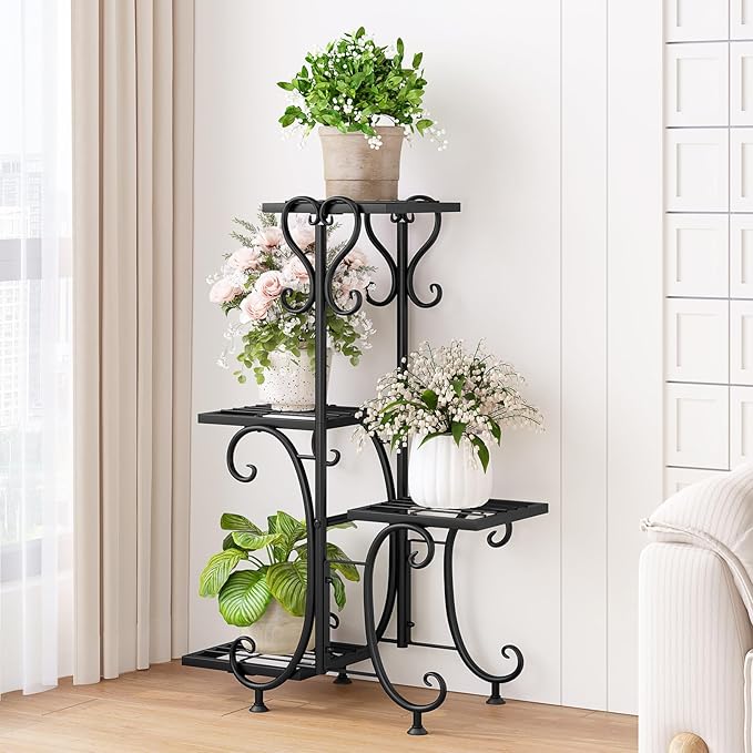 Plant Stand Indoor Outdoor Shelf 4Tier Metal Holder Pot Rack Multiple Plants Stand Tall Flower Shelf Corner Living Room Garden,Black (Black, 4 Pots)