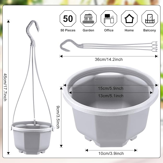 Roshtia 50 Pcs 5.9 inch Plastic Hanging Plant Pots with Hooks Flower Pots Baskets Outdoor Hanging Nursery Planter Holder for Home Garden Balcony Porch(Gray White, 5.9 inch)