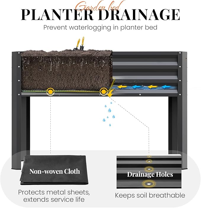 KING BIRD Large Raised Garden Bed with Legs Galvanized Elevated Planter Box 48×24×32 in for Backyard, Patio, Balcony, 400lb Capacity, Dark Grey