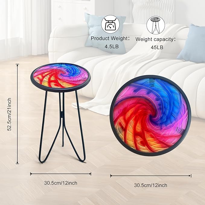 LIFFY Patio Side Tables,12" Metal Outdoor Side Table with Colorful Glass Tabletop,Small Round Decorative Metal End Table & Plant Tables for Home Garden Yard Balcony