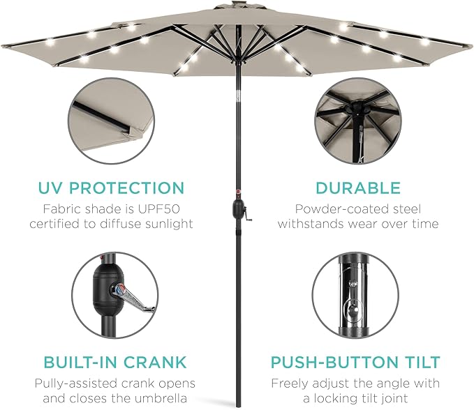 Best Choice Products 10ft Solar Polyester LED Lighted Patio Umbrella w/Tilt Adjustment and UV-Resistant Fabric