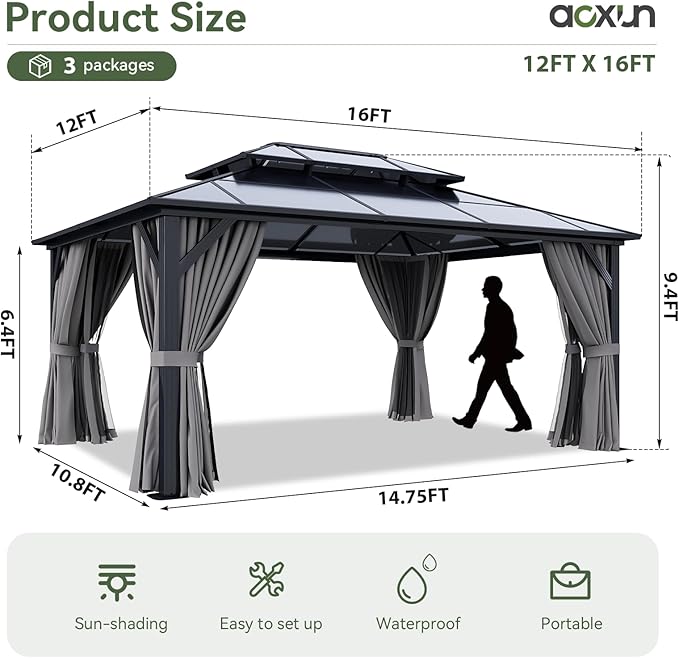 Aoxun 12'x16' Hardtop Gazebo, Aluminum Frame Permanent Pavilion with Curtains and Netting, Outdoor Polycarbonate Double Roof Canopy, Designed for Garden, Lawns, Patio