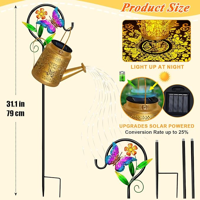 Solar Watering Can Lights Outdoor Garden Decor, Large Butterfly Hanging Lantern with Shepherd Hook, Waterproof Garden Lights for Outdoor Landscape Pathway Yard, Gift for Mom Grandma Christmas Gifts