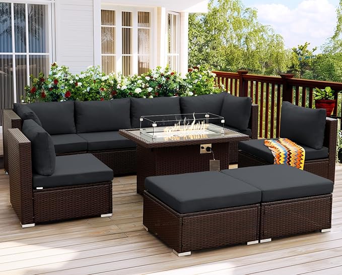 NICESOUL 8 Seat Extra Large Patio Furniture Set with Firepit Table Natural Gas/Propane, 29.3'' High-Back Luxury Outdoor Sectional Conversation Sets for 6 People, Brown Rattan and Dark Grey Cushion