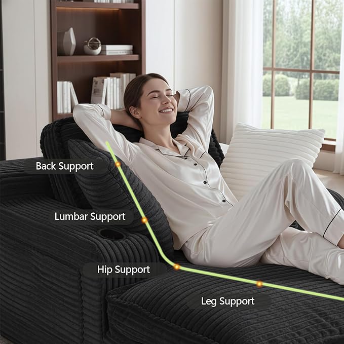 67" Oversized Chaise Lounge Chair Indoor, Soft Boneless Cloud Couch with 3 Pillows, 4 Side Pockets and 2 Cup Holders, Comfy Corduroy Sleeper Couch for Living Room Bedroom