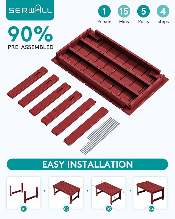 SERWALL Outdoor Coffee Table with 9FT Umbrella, HDPE Patio Coffee Table for Outside, Rectangle, Red(Not Include Umbrella Base)