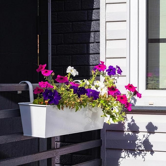 3 Pack Metal Railing Planters, 16 Inch Large Rectangular Hanging Flower Pots with Detachable Hooks & Drainage Holes, Fits Rails up to 2.5", Galvanized Iron Window Box for Balcony Garden - White