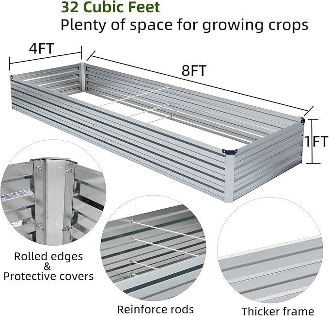 2 Pack 8x4x1FT Galvanized Raised Garden Bed Kit, Outdoor Metal Planter Box for Vegetables, Bottomless Rectangular Gardening Bed with Support Rods, Tool-Free Assembly, Silver