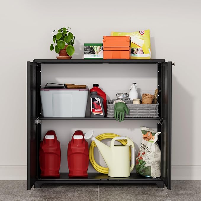 ADDOK Indoor Outdoor Plastic Storage Cabinet 34"x15"x34" with 1 Shelf, Outdoor Storage Shed for Living Room, Hallway, Balcony, Garage, Garden,Black