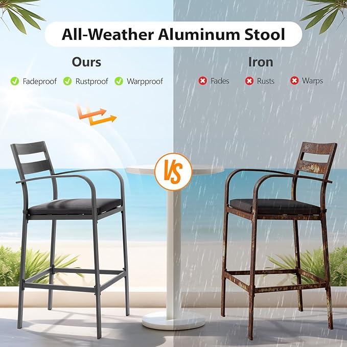 VINGLI Outdoor Bar Stools Set of 2, All-Weather Bar Height Aluminum Stools with 1.6" Thick Cushion, Rust-Proof Patio Chairs for Backyard, Poolside, Balcony & Kitchen Island (Dark Gray)