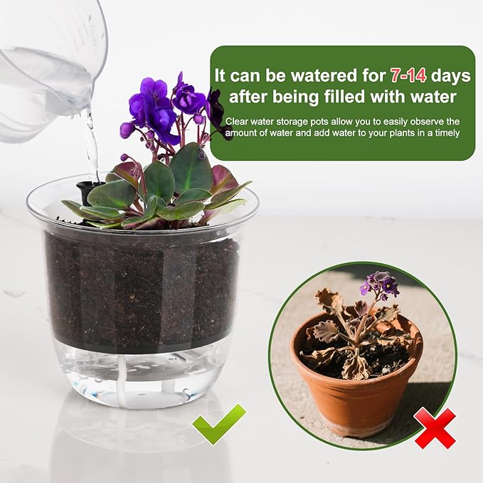 Self Watering Pots, 3 Pack 4 Inch Clear Plant Pot Self Watering Planter Flowers Pot with Deep Reservoir for Indoor Plants (3 Small)