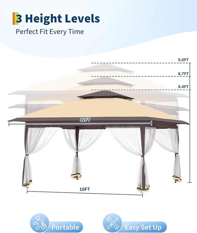 Canopy Tent 12x12 ft, Pop Up Gazebo One-Push Setup with 4 SandBags for Backyard Parties and BBQs, Mosquito Netting & Height Adjustable - Khaki & Coffee