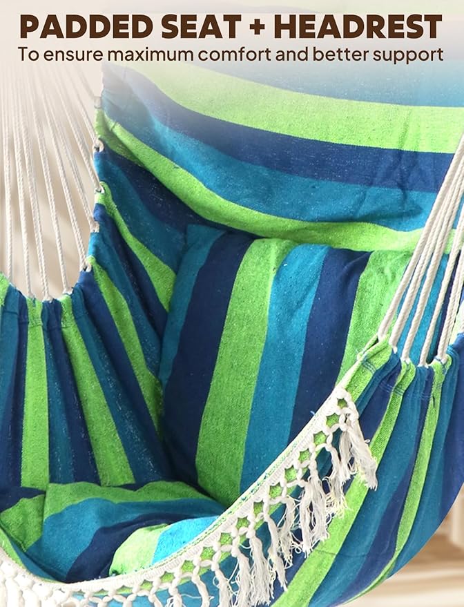 Chihee Hammock Chair Hanging Swing Max 500 Lbs 2 Cushions Included Metal Spreader Bar with Anti-Slip Grooves Portable Hanging Chair Side Pocket Large Macrame Bohemian Chair Indoor Outdoor