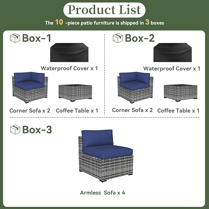 Aoxun 10 Piece Patio Furniture Set Wicker Rattan Patio Conversation Set Outdoor Sectional Sofa Set with Coffee Table and Thickened Cushions, Gray/Blue (Waterproof Cover Included)