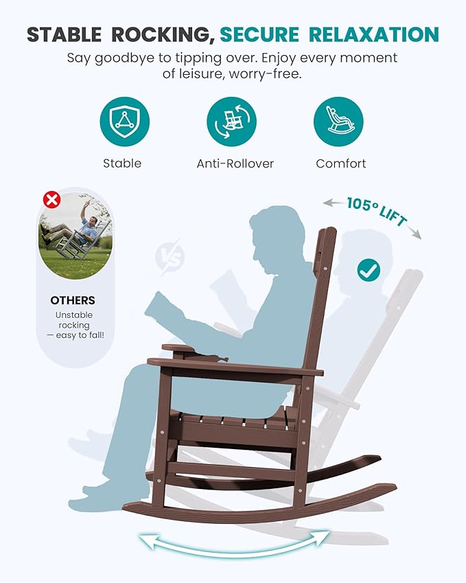 SERWALL Oversized Outdoor Rocking Chair, All-Weather Patio Rocking Chair, HDPE Porch Rocker for Adults, Coffee