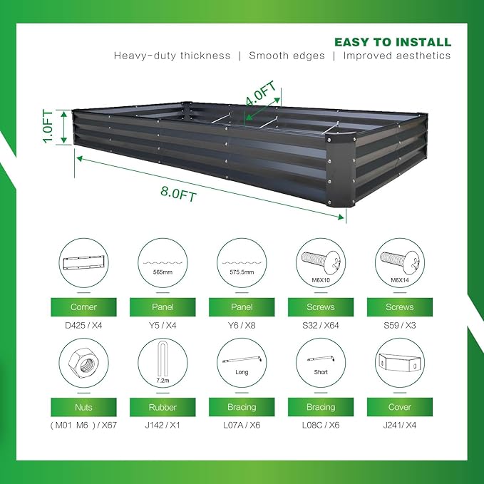 GARDMAX 8x4x1FT Galvanized Raised Garden Bed Kit, Metal Planter Boxes Outdoor with Easy Assembly, Large Garden Bed for Vegetables, Fruits, Flower, Herbs Rectangle Dark Gray