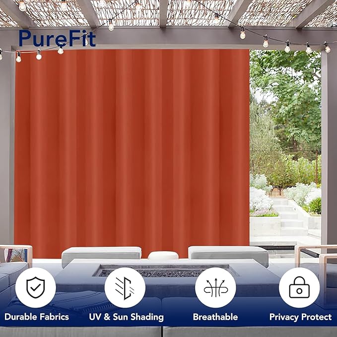 PureFit Outdoor Curtains for Patio Waterproof Weatherproof, UV Resistant Outside Curtains for Gazebo, Front Porch, Pergola, Sun Blocking Privacy Curtain, 120W x 84L inch, 1 Panel, Red Clay