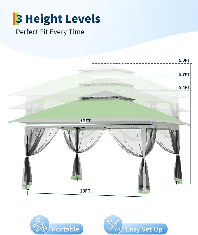 Canopy Tent 12x12 ft, Pop Up Gazebo One-Push Setup with 4 SandBags for Backyard Parties and BBQs, Mosquito Netting & Height Adjustable - Olive Green
