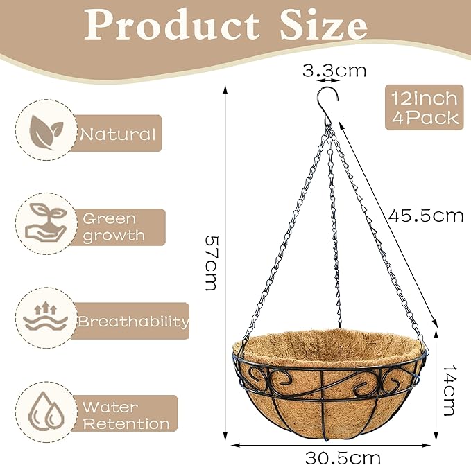 Outdoor Metal Hanging Planters Basket (4pack, 12 inch) Hanging Baskets for Plants Chain Round Wire Plant Holder with Coco Fiber Liners for Garden, Patio, Deck, Porch(Flower Border)